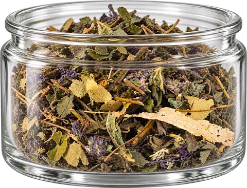 Five Elements herbal blend in a clear glass display jar