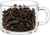 Lotus Peak Rougui: dark twisted dry leaves in a low handled display glass