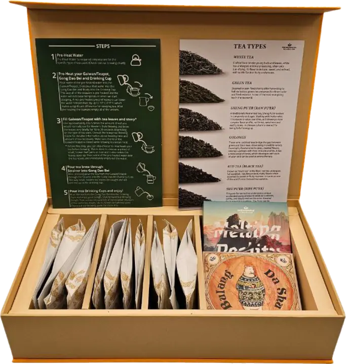 Open pu-erh tasting box with tea packets and brewing guide